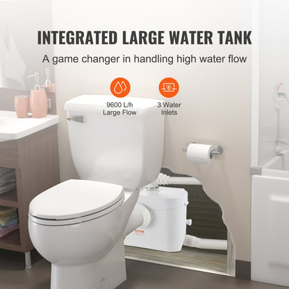 Zerkleinerer-Abwasserpumpe, Keller-Zerkleinererpumpe, 700 W, 9600 l/h Durchfluss, 10 m Auslasskopf, 99 % antimikrobiell wirksam, mit 3 Wassereinlässen für Toilette, Keller, Küche, Waschbecken, Badewanne, Kanalisation, Geschirrspüler