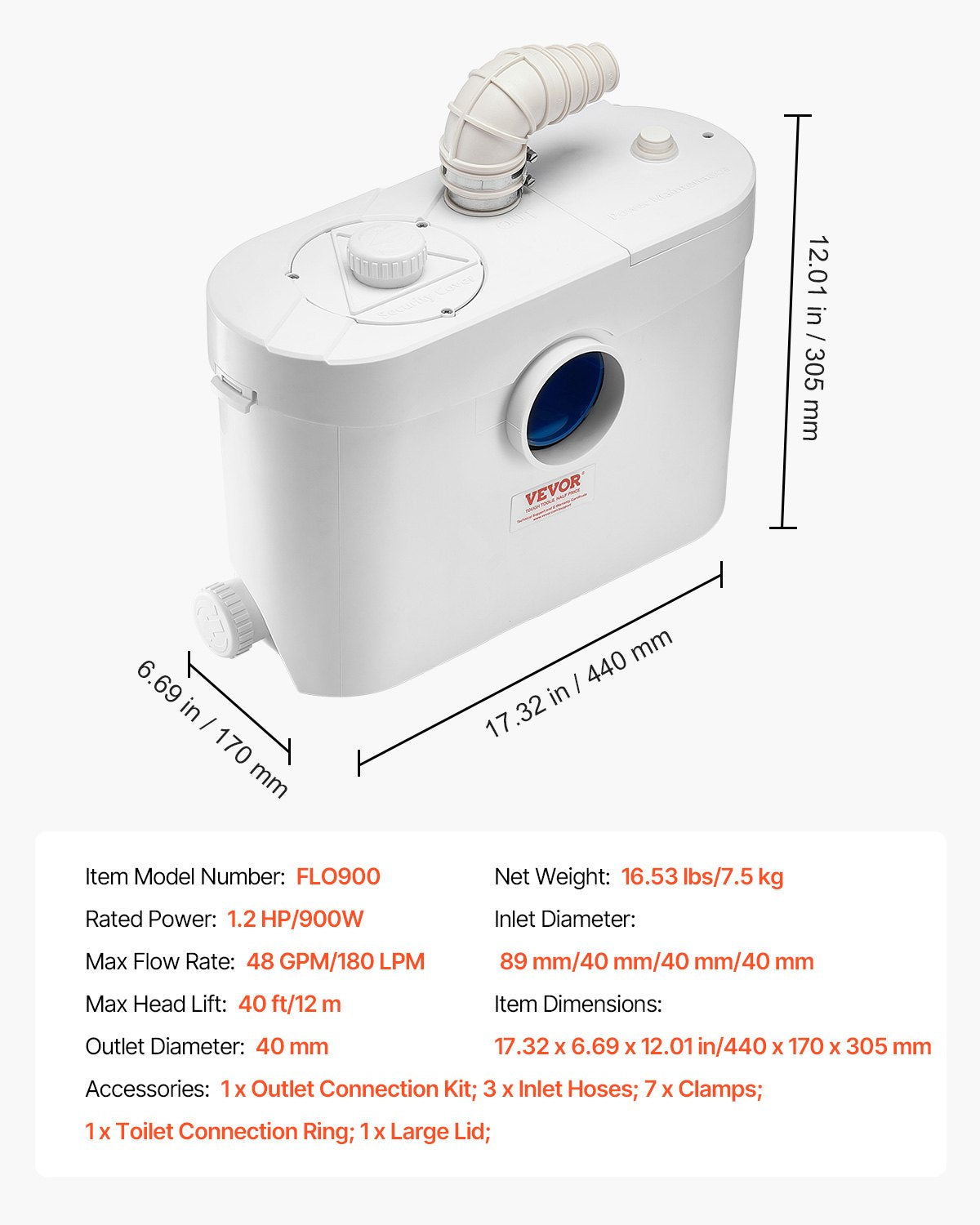Macerator Pump, 900W, 48 GPM Flow, 40 ft/12 m Head, Macerator Sewerage Toilet Pump with 4 Water Inlets, Waste Water Disposal Upflush Machine for Toilet, Basement, Shower, Sink, Laundry, Bathtub
