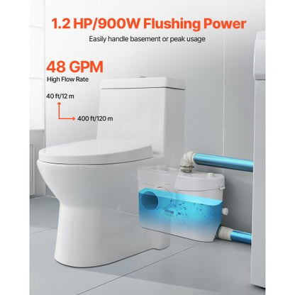 Zerhackerpumpe, 900 W, 48 GPM Durchfluss, 40 Fuß Hubhöhe für Toilette/Kellerspüle | EU