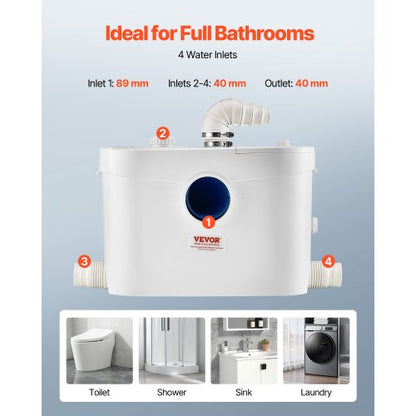 Zerhackerpumpe, 900 W, 48 GPM Durchfluss, 40 Fuß Hubhöhe für Toilette/Kellerspüle | EU