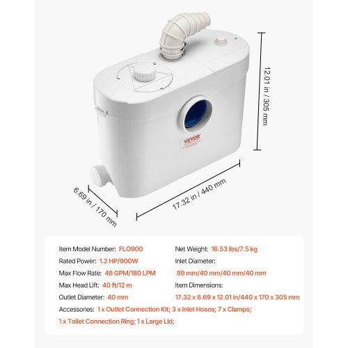 Zerhackerpumpe, 900 W, 48 GPM Durchfluss, 40 Fuß Hubhöhe für Toilette/Kellerspüle | EU