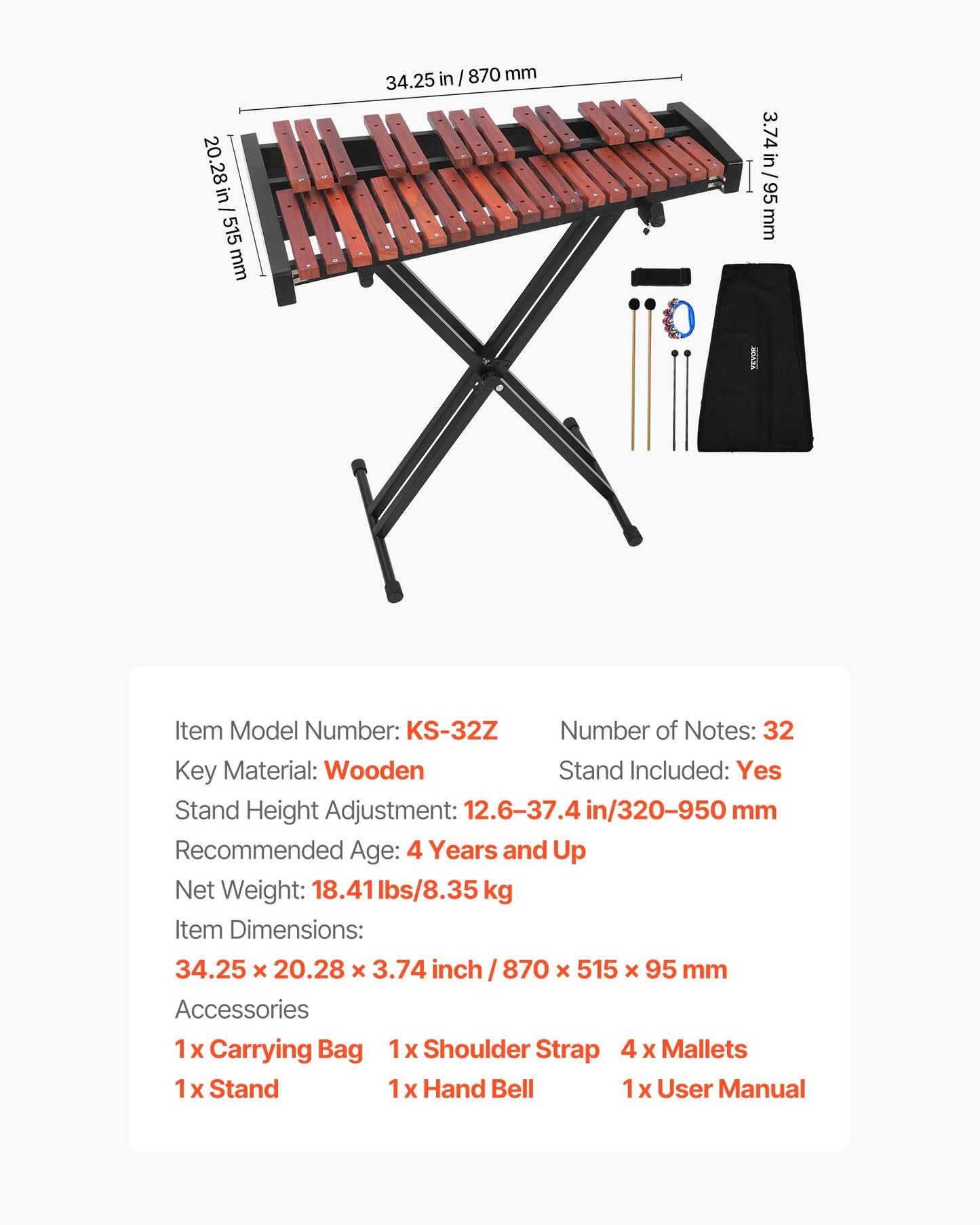 Glockenspiel Xylophone, 32 Notes, Wooden Professional Xylophone Percussion Instrument, with Height Adjustable Stand, 4 Mallets, Carrying Bag, Beginner Musical Instrument Kit for Adults and Kids