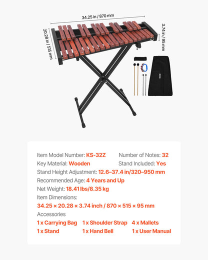 Glockenspiel Xylophone, 32 Notes, Wooden Professional Xylophone Percussion Instrument, with Height Adjustable Stand, 4 Mallets, Carrying Bag, Beginner Musical Instrument Kit for Adults and Kids