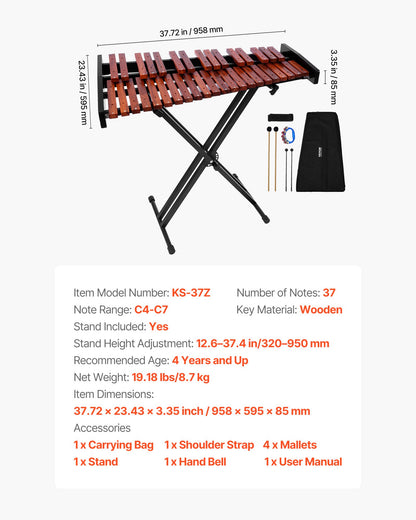 Glockenspiel Xylophone, 37 Notes, Wooden Professional Xylophone Percussion Instrument, with Height Adjustable Stand, 4 Mallets, Carrying Bag, Beginner Musical Instrument Kit for Adults and Kids