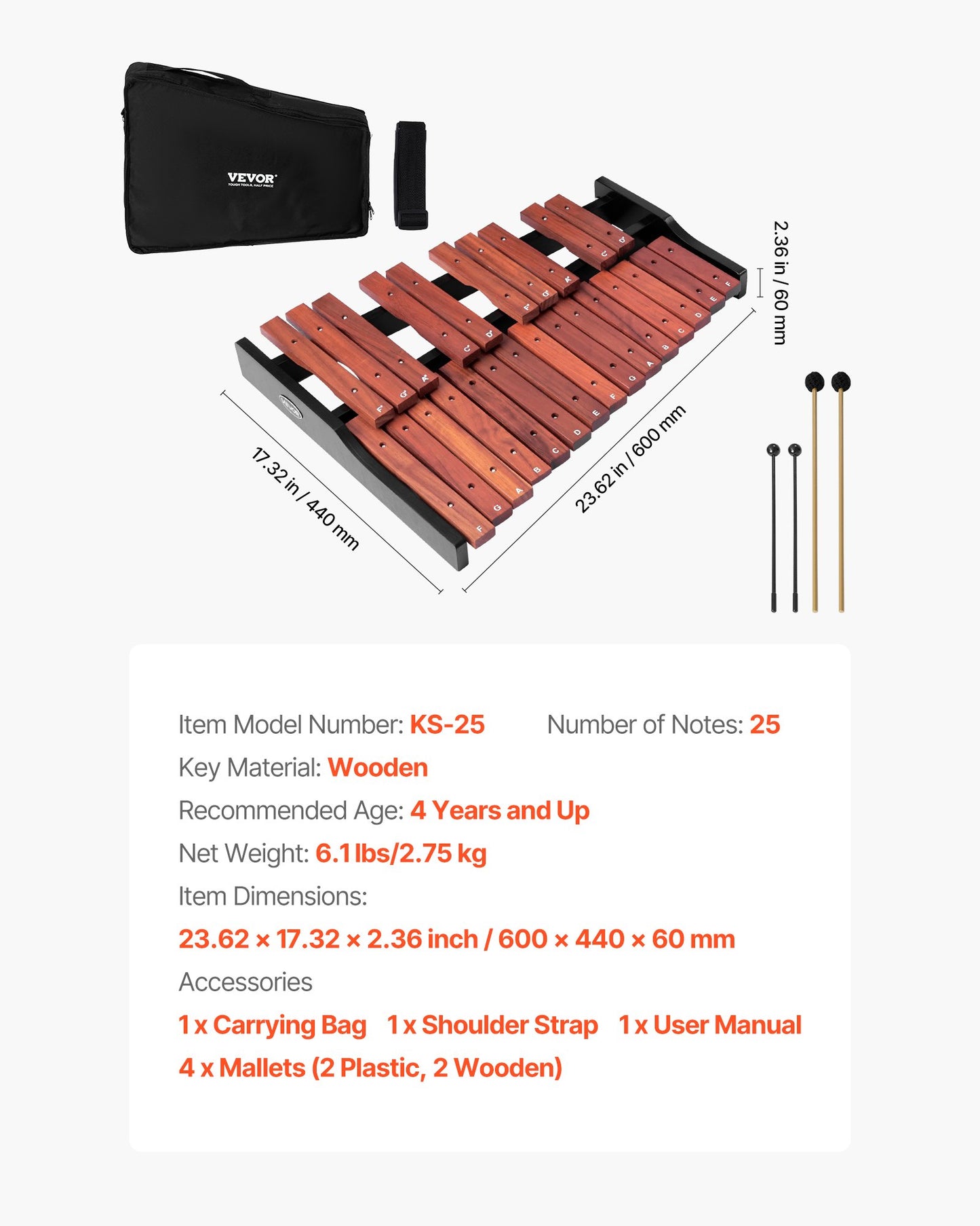 Glockenspiel Xylophone, 25 Notes, Wooden Professional Xylophone Percussion Instrument, with 4 Mallets, Carrying Bag, Beginner Glockenspiel Musical Instrument Kit for Adults and Kids Students