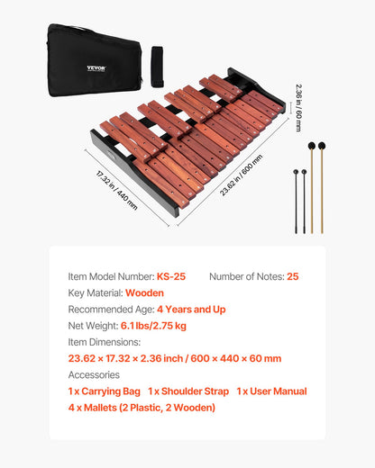 Glockenspiel Xylophone, 25 Notes, Wooden Professional Xylophone Percussion Instrument, with 4 Mallets, Carrying Bag, Beginner Glockenspiel Musical Instrument Kit for Adults and Kids Students