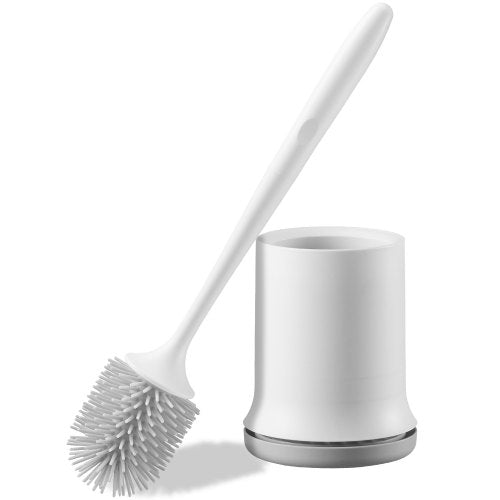 Toilet Brush and Holder Set, Toilet Bowl Brush and Holder with Comfortable PP Handle, Compact Bathroom Scrubber Cleaner, Deep Cleaning and Drip-Proof, for Bathroom, RV & Toilets (White & Grey)