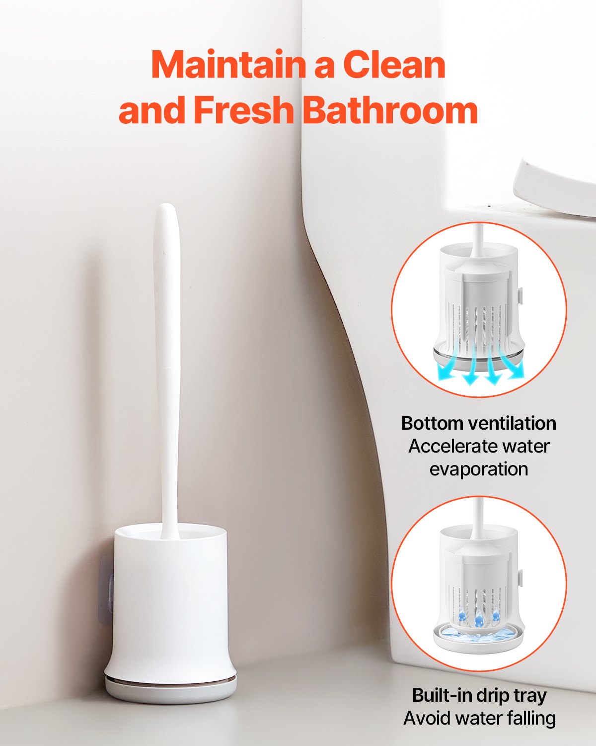 Toilet Brush and Holder Set, Toilet Bowl Brush and Holder with Comfortable PP Handle, Compact Bathroom Scrubber Cleaner, Deep Cleaning and Drip-Proof, for Bathroom, RV & Toilets (White & Grey)