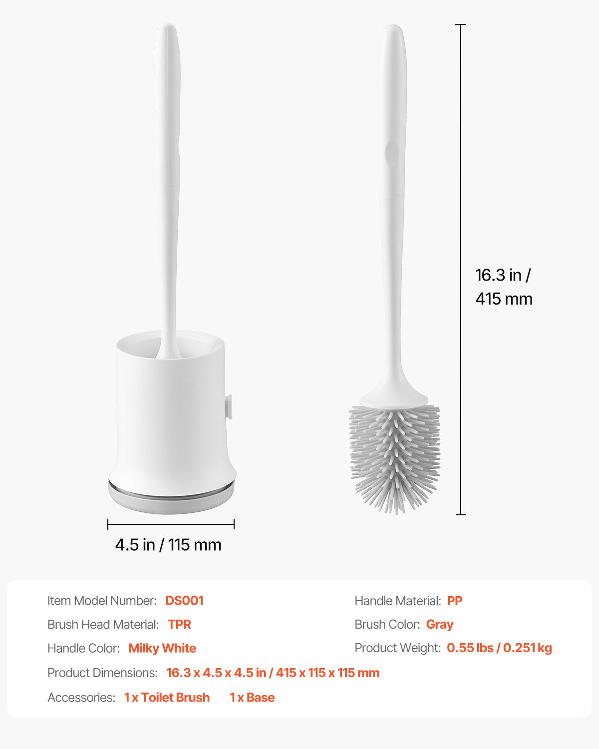 Toilet Brush and Holder Set, Toilet Bowl Brush and Holder with Comfortable PP Handle, Compact Bathroom Scrubber Cleaner, Deep Cleaning and Drip-Proof, for Bathroom, RV & Toilets (White & Grey)