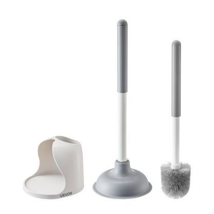 Toilet Brush and Plunger Set, 2-in-1 Toilet Bowl Brush Plunger Combo with Ventilated Holder, 360° Deep Cleaning and Drip-Proof Bathroom Supplies, for Bathroom, RV and Toilets (White & Grey)