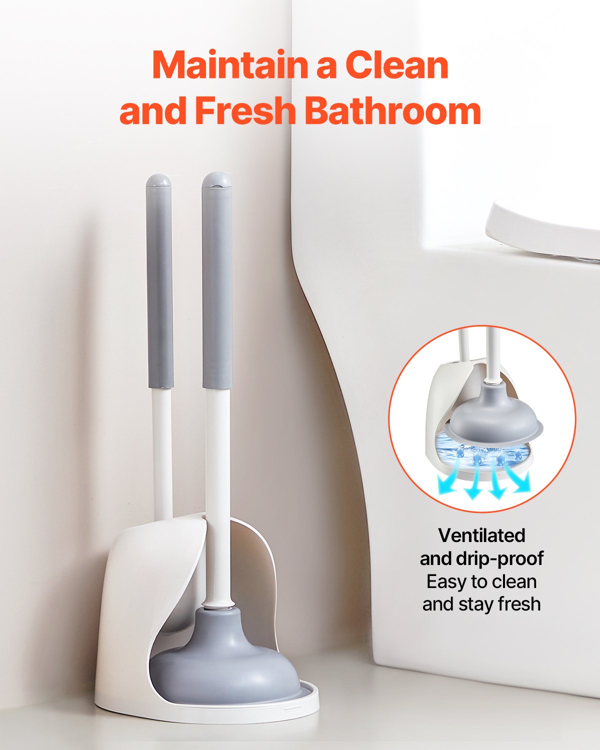 Toilet Brush and Plunger Set, 2-in-1 Toilet Bowl Brush Plunger Combo with Ventilated Holder, 360° Deep Cleaning and Drip-Proof Bathroom Supplies, for Bathroom, RV and Toilets (White & Grey)