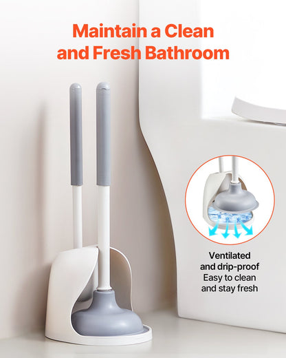 Toilet Brush and Plunger Set, 2-in-1 Toilet Bowl Brush Plunger Combo with Ventilated Holder, 360° Deep Cleaning and Drip-Proof Bathroom Supplies, for Bathroom, RV and Toilets (White & Grey)