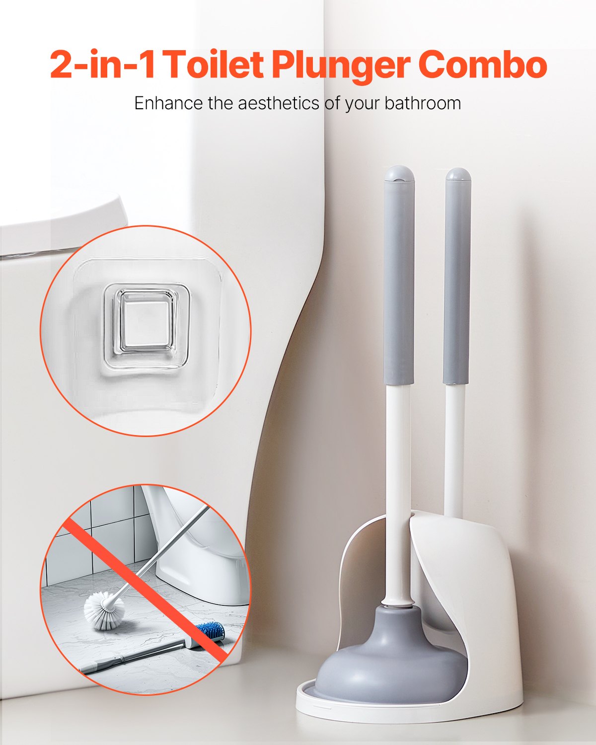 Toilet Brush and Plunger Set, 2-in-1 Toilet Bowl Brush Plunger Combo with Ventilated Holder, 360° Deep Cleaning and Drip-Proof Bathroom Supplies, for Bathroom, RV and Toilets (White & Grey)