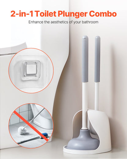 Toilet Brush and Plunger Set, 2-in-1 Toilet Bowl Brush Plunger Combo with Ventilated Holder, 360° Deep Cleaning and Drip-Proof Bathroom Supplies, for Bathroom, RV and Toilets (White & Grey)