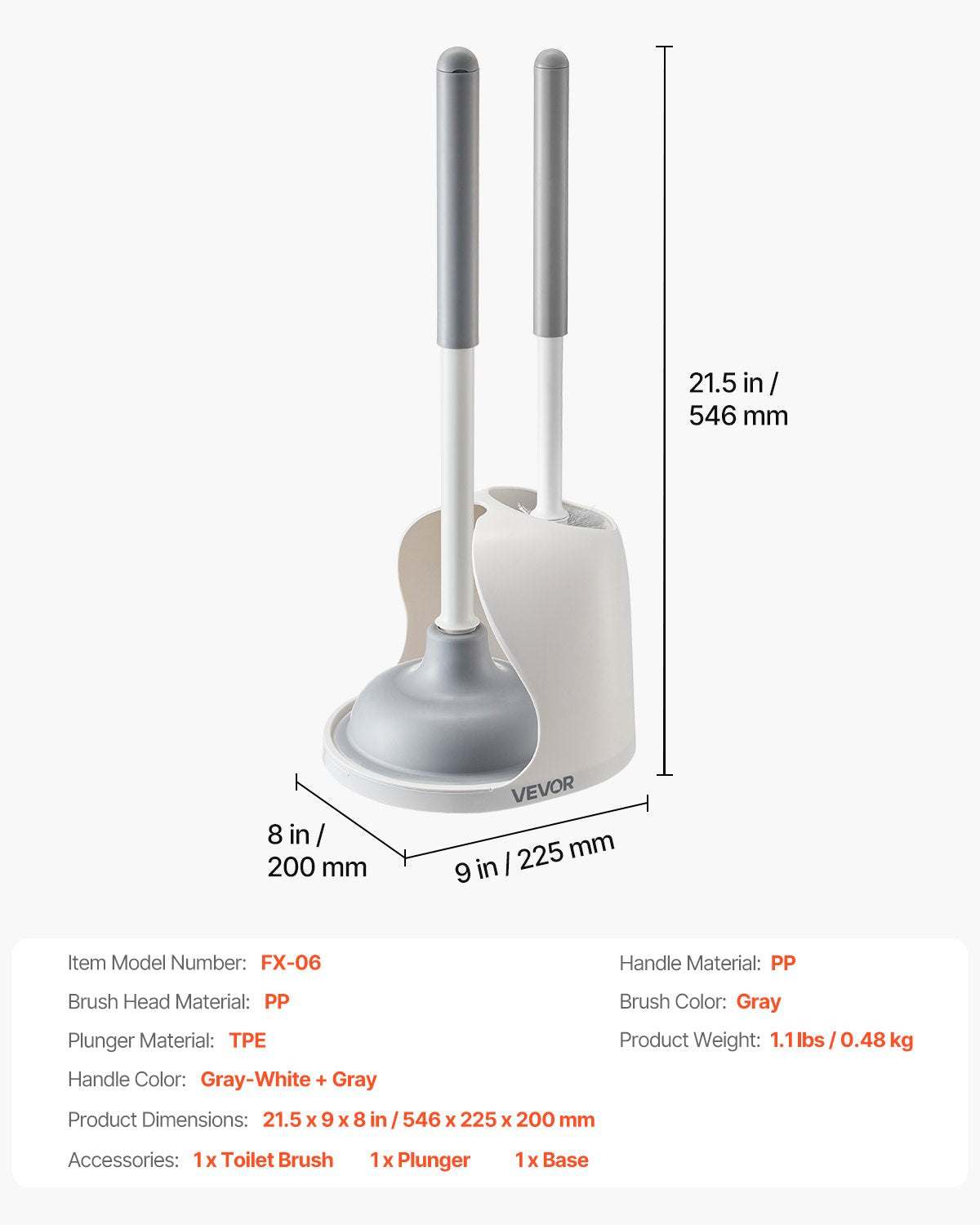 Toilet Brush and Plunger Set, 2-in-1 Toilet Bowl Brush Plunger Combo with Ventilated Holder, 360° Deep Cleaning and Drip-Proof Bathroom Supplies, for Bathroom, RV and Toilets (White & Grey)