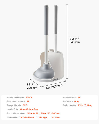 Toilet Brush and Plunger Set, 2-in-1 Toilet Bowl Brush Plunger Combo with Ventilated Holder, 360° Deep Cleaning and Drip-Proof Bathroom Supplies, for Bathroom, RV and Toilets (White & Grey)