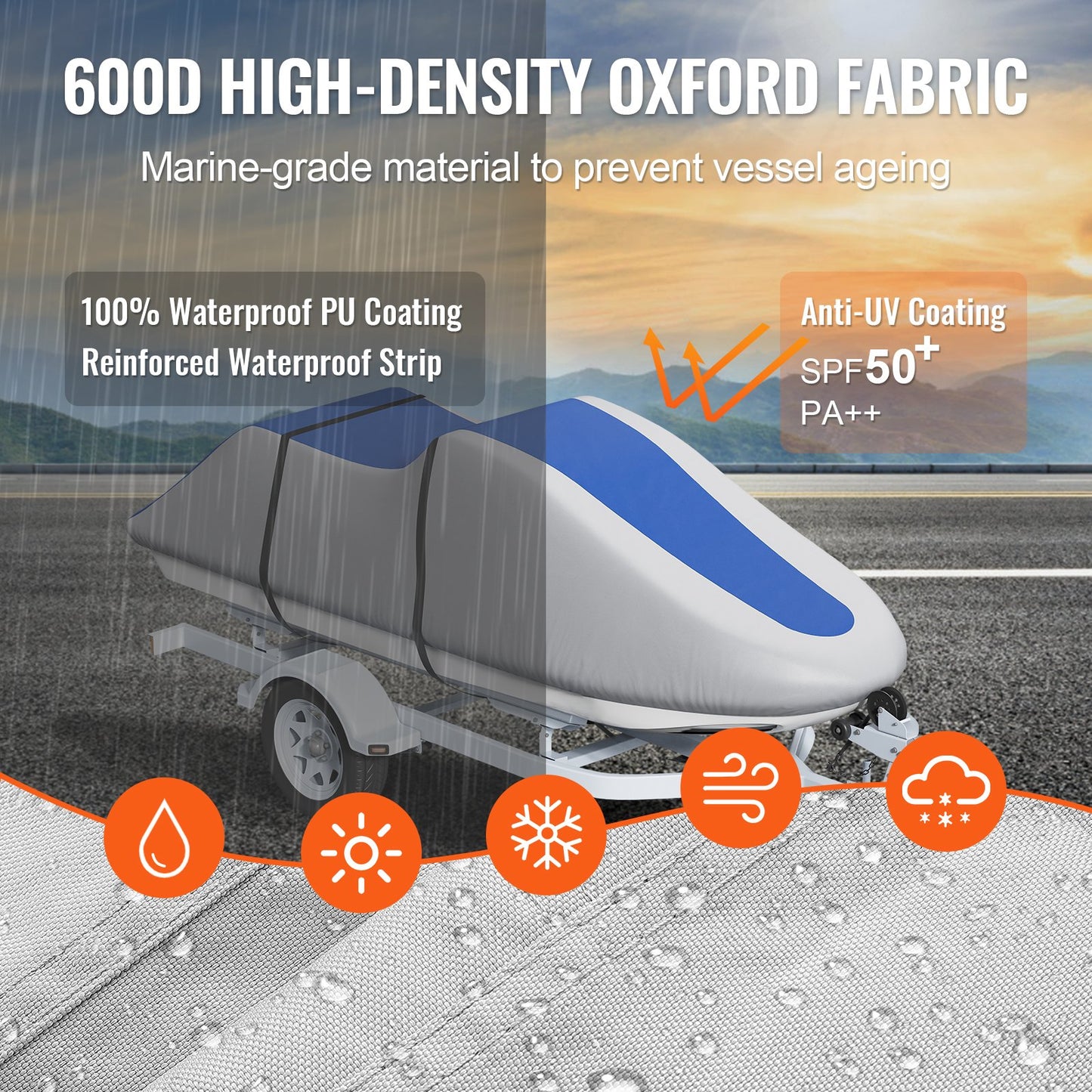 Jetski-Abdeckung, 3200–3420 mm, schleppbare, wasserdichte PWC-Abdeckung, strapazierfähiges 600D Marine-PU-Oxford-Gewebe, UV-beständige Seadoo-Abdeckung mit Gurten, Schutz für Jetski, Grau+Blau
