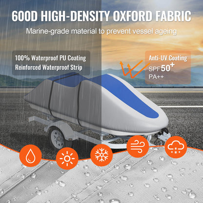 Jetski-Abdeckung, 3200–3420 mm, schleppbare, wasserdichte PWC-Abdeckung, strapazierfähiges 600D Marine-PU-Oxford-Gewebe, UV-beständige Seadoo-Abdeckung mit Gurten, Schutz für Jetski, Grau+Blau