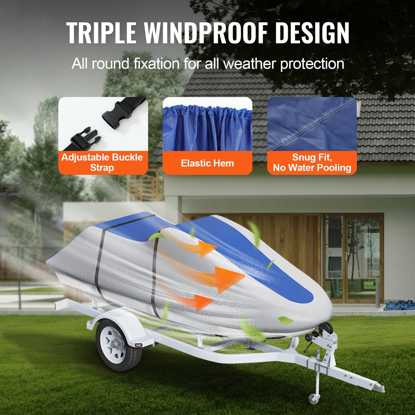 Jetski-Abdeckung, 3200–3420 mm, schleppbare, wasserdichte PWC-Abdeckung, strapazierfähiges 600D Marine-PU-Oxford-Gewebe, UV-beständige Seadoo-Abdeckung mit Gurten, Schutz für Jetski, Grau+Blau