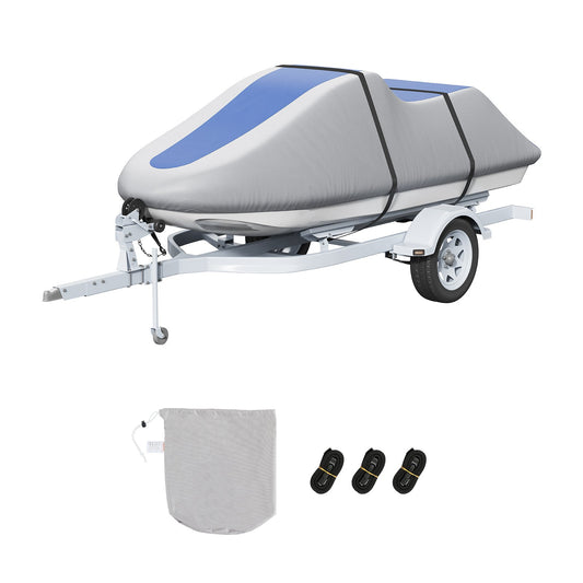 Jetski-Abdeckung, 3200–3420 mm, schleppbare, wasserdichte PWC-Abdeckung, strapazierfähiges 600D Marine-PU-Oxford-Gewebe, UV-beständige Seadoo-Abdeckung mit Gurten, Schutz für Jetski, Grau+Blau