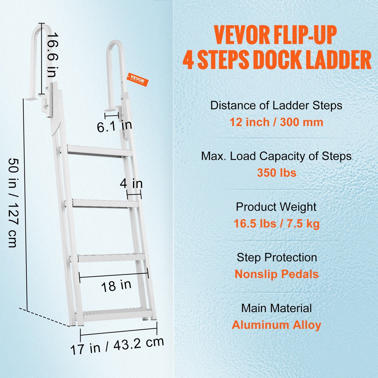 Dock Ladder Flip Up 4 Steps, 350lbs Load Capacity, Aluminum Pontoon Boat Ladder with 4" Wide Step & Nonslip Rubber Mat,Swimm Step Ladder for Ship/Lake/Pool/Marine Boarding