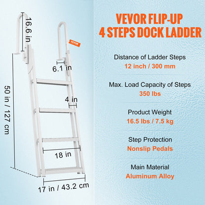 Dock Ladder Flip Up 4 Steps, 350lbs Load Capacity, Aluminum Pontoon Boat Ladder with 4" Wide Step & Nonslip Rubber Mat,Swimm Step Ladder for Ship/Lake/Pool/Marine Boarding
