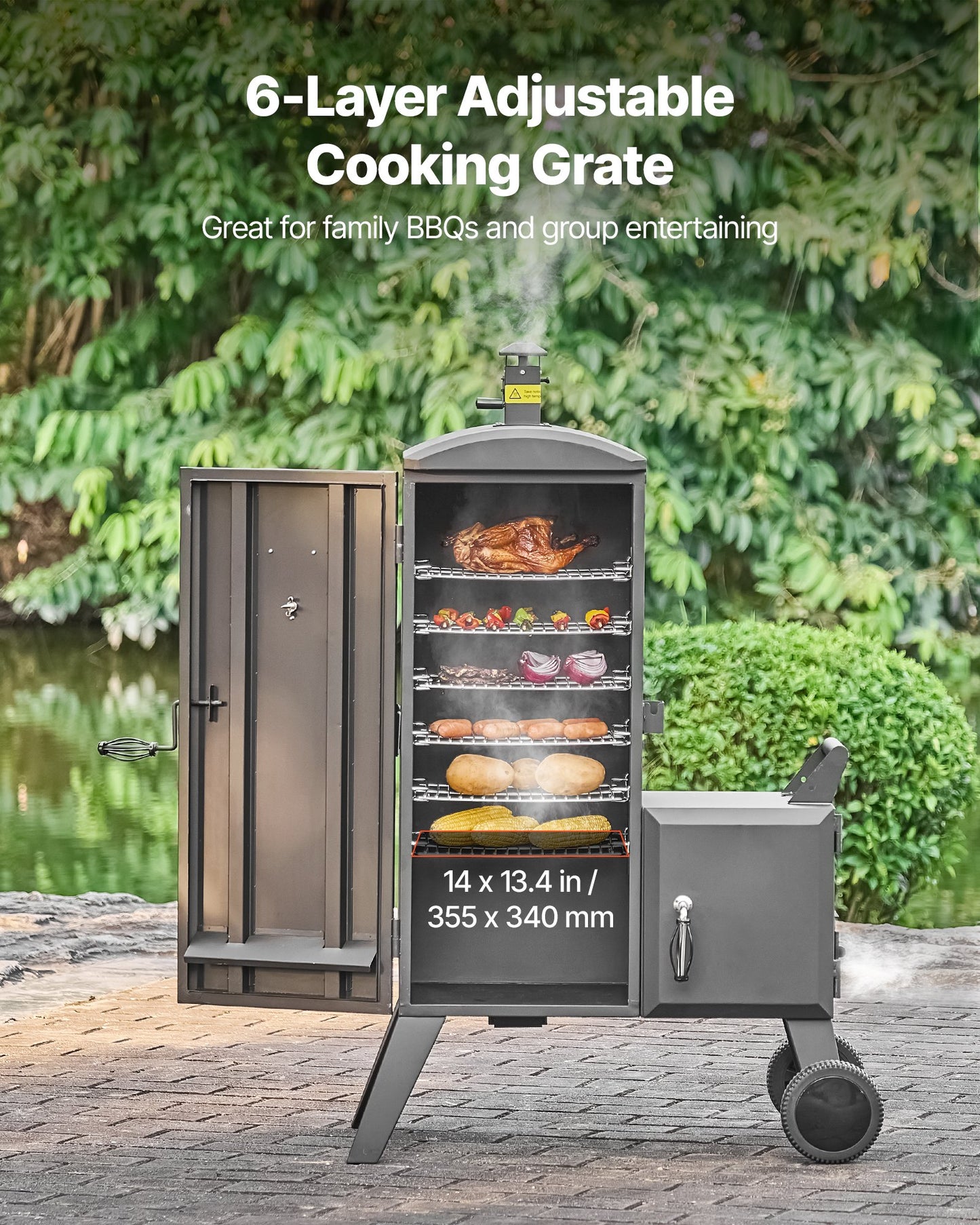 Charcoal Offset Smoker, Heavy-Duty Steel BBQ Offset Smoker with Side Firebox, Movable Outdoor Barbecue Smokers with 6 Adjustable Grates, Thermometer & Air Vents for Backyard Patio Party Cooking