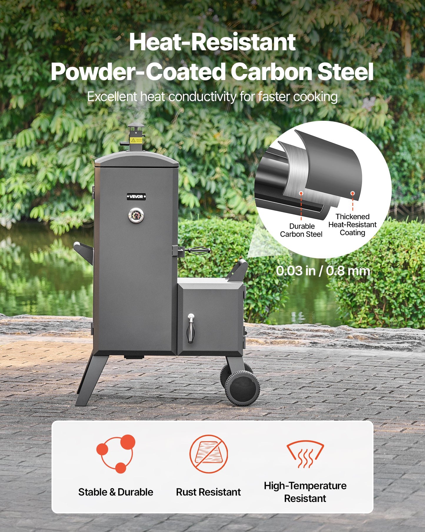 Charcoal Offset Smoker, Heavy-Duty Steel BBQ Offset Smoker with Side Firebox, Movable Outdoor Barbecue Smokers with 6 Adjustable Grates, Thermometer & Air Vents for Backyard Patio Party Cooking