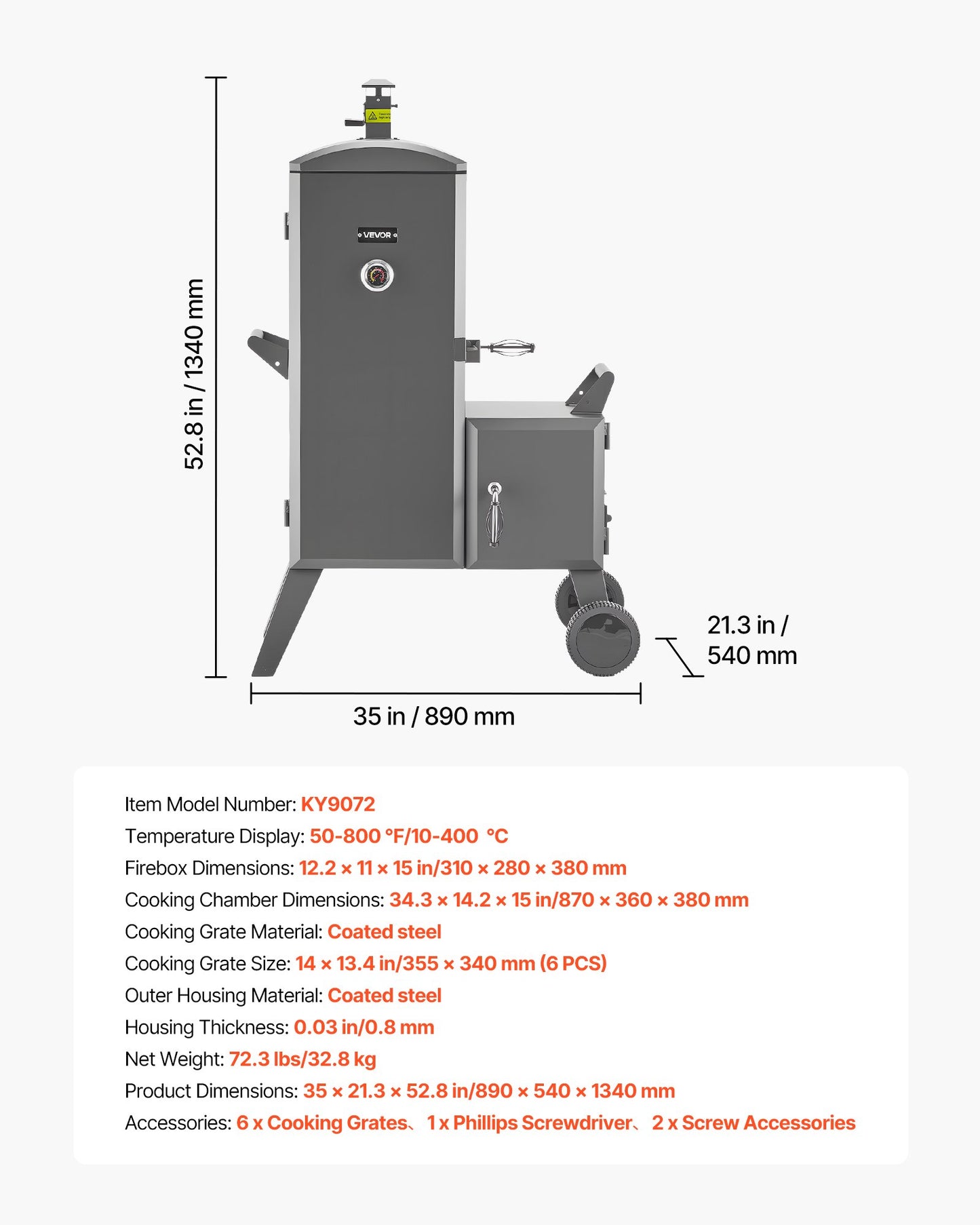 Charcoal Offset Smoker, Heavy-Duty Steel BBQ Offset Smoker with Side Firebox, Movable Outdoor Barbecue Smokers with 6 Adjustable Grates, Thermometer & Air Vents for Backyard Patio Party Cooking