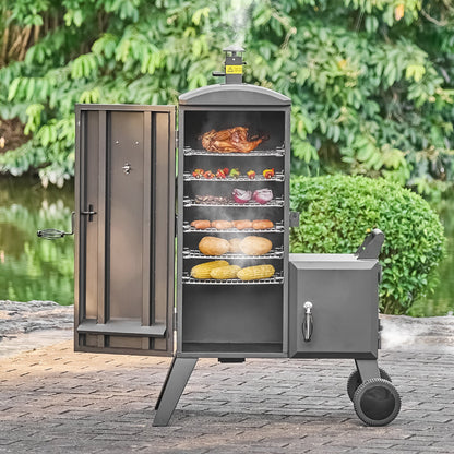 Charcoal Offset Smoker, Heavy-Duty Steel BBQ Offset Smoker with Side Firebox, Movable Outdoor Barbecue Smokers with 6 Adjustable Grates, Thermometer & Air Vents for Backyard Patio Party Cooking