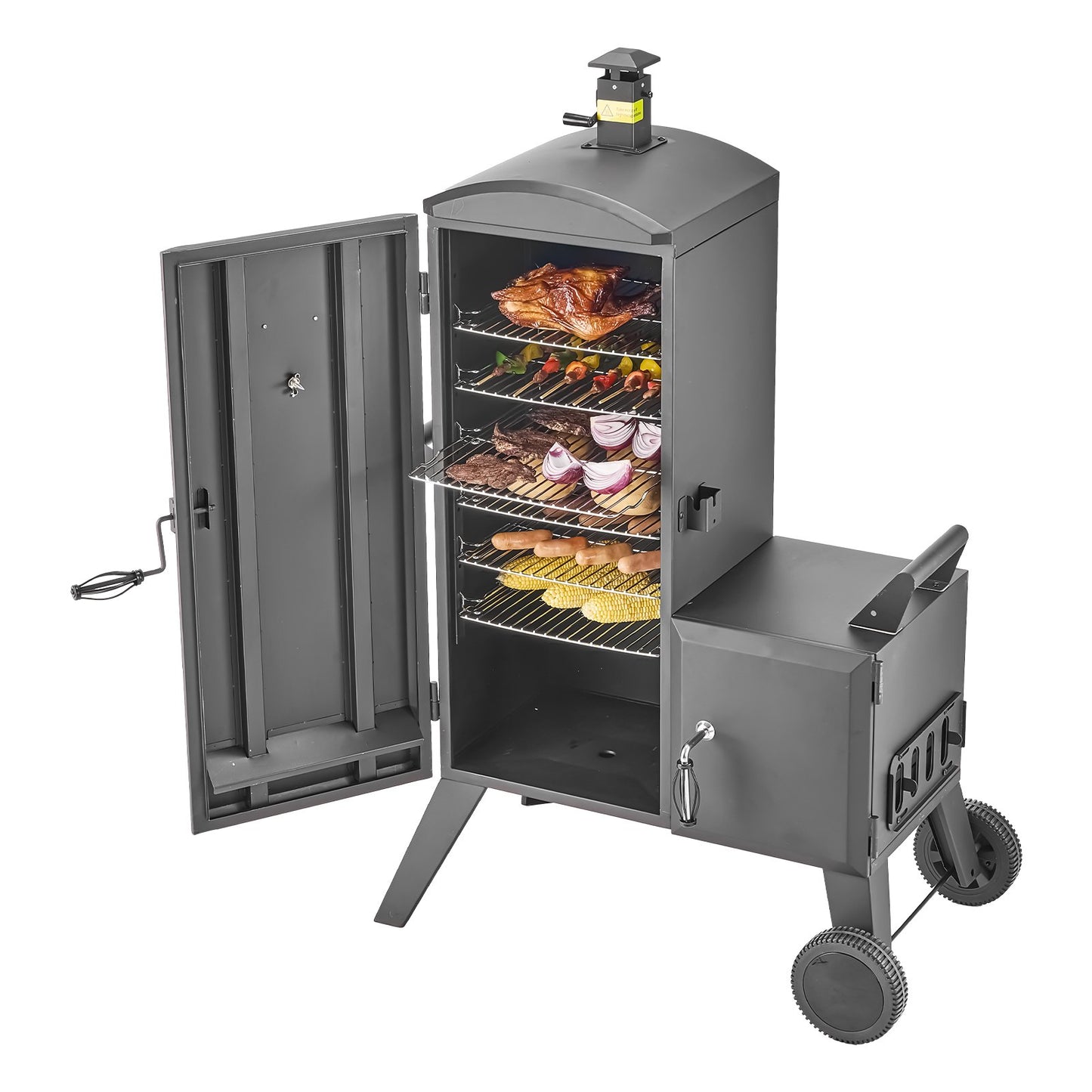 Charcoal Offset Smoker, Heavy-Duty Steel BBQ Offset Smoker with Side Firebox, Movable Outdoor Barbecue Smokers with 6 Adjustable Grates, Thermometer & Air Vents for Backyard Patio Party Cooking