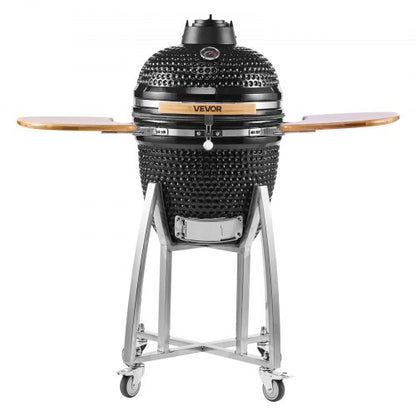 Charcoal Smoker and Grill, 18" Kamado Charcoal BBQ Smoker, Movable Ceramic Barbecue Grill with 4 Wheels (2 Lockable), Built-in Thermometer, Air Vents & Side Shelf for Outdoor Patio Yard Cooking