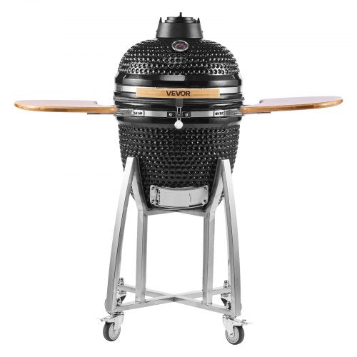 Charcoal Smoker and Grill, 18" Kamado Charcoal BBQ Smoker, Movable Ceramic Barbecue Grill with 4 Wheels (2 Lockable), Built-in Thermometer, Air Vents & Side Shelf for Outdoor Patio Yard Cooking
