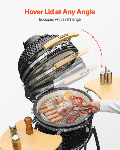 Charcoal Smoker and Grill, 18" Kamado Charcoal BBQ Smoker, Movable Ceramic Barbecue Grill with 4 Wheels (2 Lockable), Built-in Thermometer, Air Vents & Side Shelf for Outdoor Patio Yard Cooking