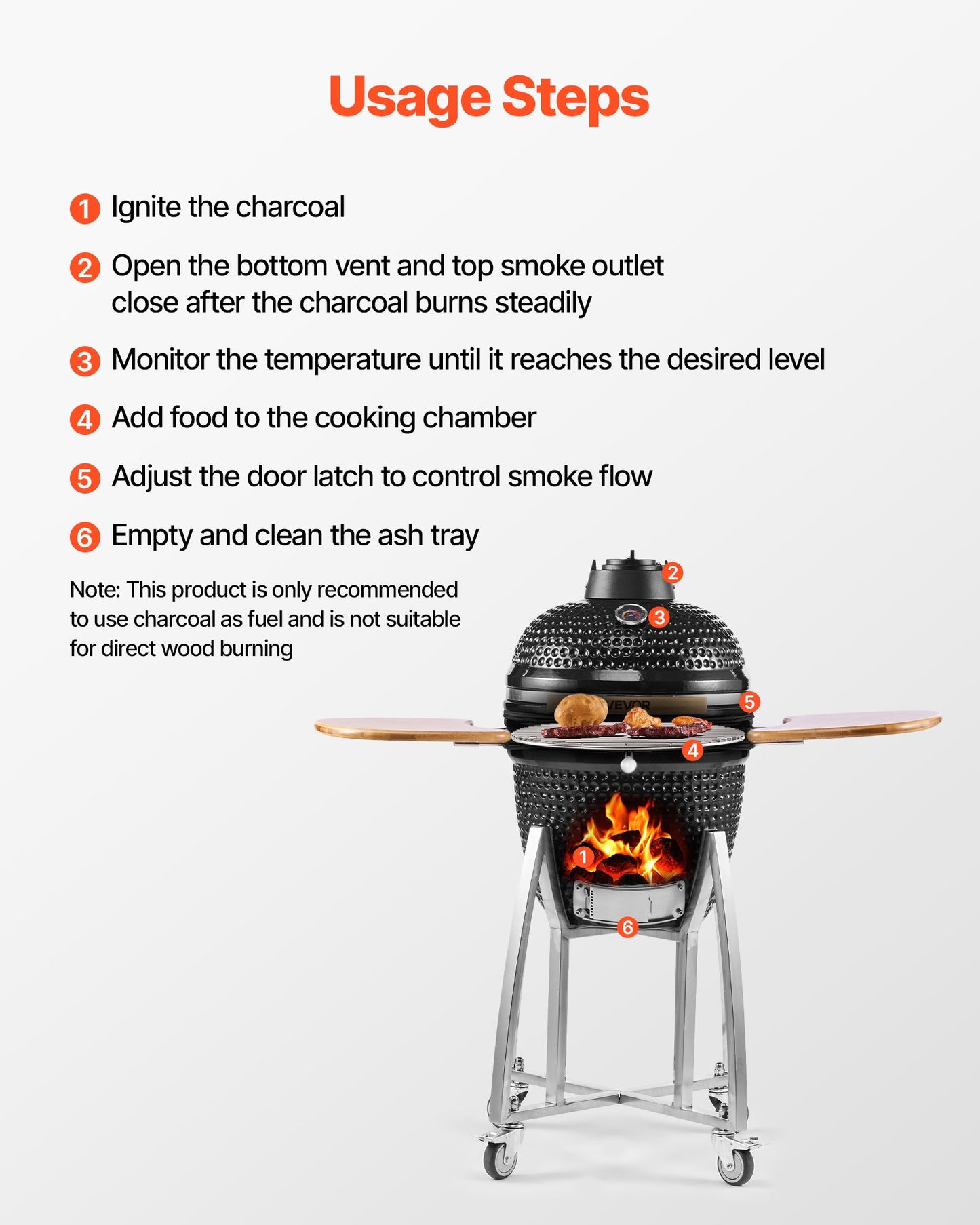 Charcoal Smoker and Grill, 18" Kamado Charcoal BBQ Smoker, Movable Ceramic Barbecue Grill with 4 Wheels (2 Lockable), Built-in Thermometer, Air Vents & Side Shelf for Outdoor Patio Yard Cooking