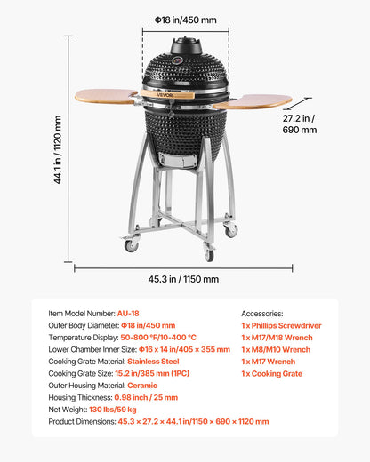 Charcoal Smoker and Grill, 18" Kamado Charcoal BBQ Smoker, Movable Ceramic Barbecue Grill with 4 Wheels (2 Lockable), Built-in Thermometer, Air Vents & Side Shelf for Outdoor Patio Yard Cooking