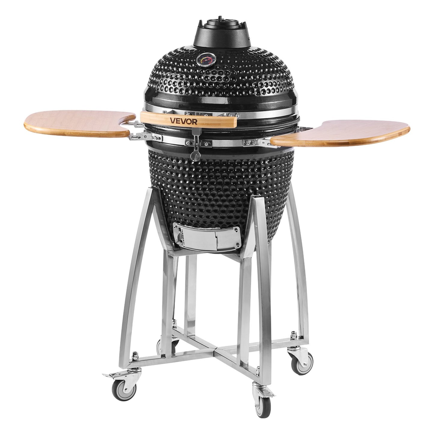 Charcoal Smoker and Grill, 18" Kamado Charcoal BBQ Smoker, Movable Ceramic Barbecue Grill with 4 Wheels (2 Lockable), Built-in Thermometer, Air Vents & Side Shelf for Outdoor Patio Yard Cooking