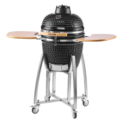 Charcoal Smoker and Grill, 18" Kamado Charcoal BBQ Smoker, Movable Ceramic Barbecue Grill with 4 Wheels (2 Lockable), Built-in Thermometer, Air Vents & Side Shelf for Outdoor Patio Yard Cooking