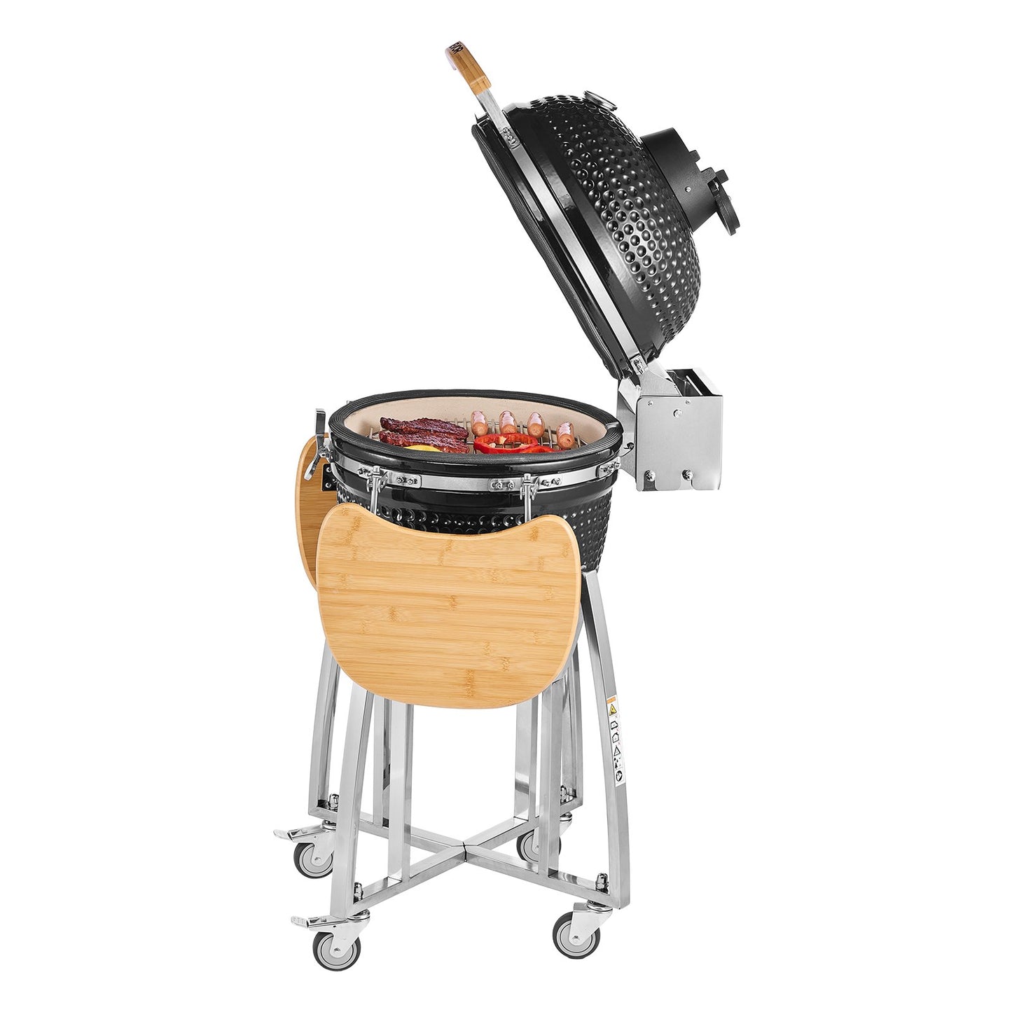 Charcoal Smoker and Grill, 18" Kamado Charcoal BBQ Smoker, Movable Ceramic Barbecue Grill with 4 Wheels (2 Lockable), Built-in Thermometer, Air Vents & Side Shelf for Outdoor Patio Yard Cooking