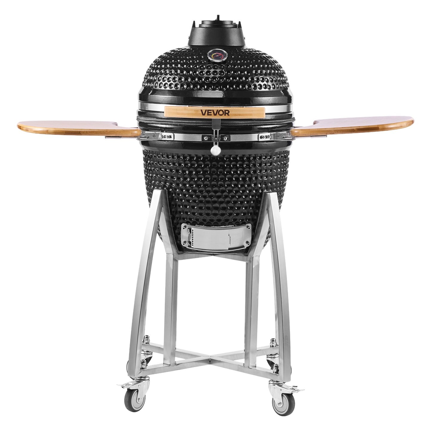 Charcoal Smoker and Grill, 18" Kamado Charcoal BBQ Smoker, Movable Ceramic Barbecue Grill with 4 Wheels (2 Lockable), Built-in Thermometer, Air Vents & Side Shelf for Outdoor Patio Yard Cooking