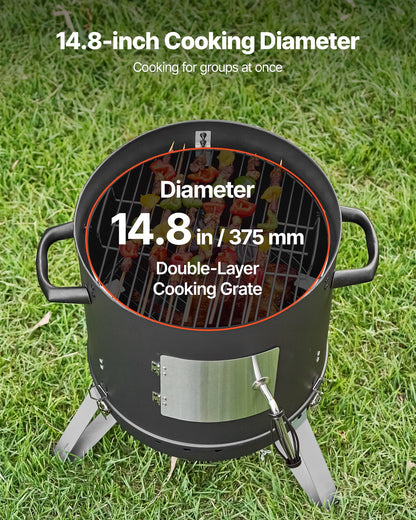 Charcoal Smoker, 16" Vertical Charcoal BBQ Grill, Coated Steel Barbecue Smoker with 2 Grilling Grates, Thermometer, Air Vents & Removable Ash Tray, Ideal for Backyard Patio Parties Cooking