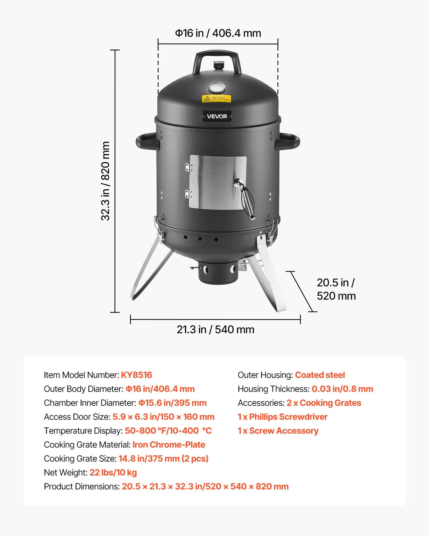 Charcoal Smoker, 16" Vertical Charcoal BBQ Grill, Coated Steel Barbecue Smoker with 2 Grilling Grates, Thermometer, Air Vents & Removable Ash Tray, Ideal for Backyard Patio Parties Cooking