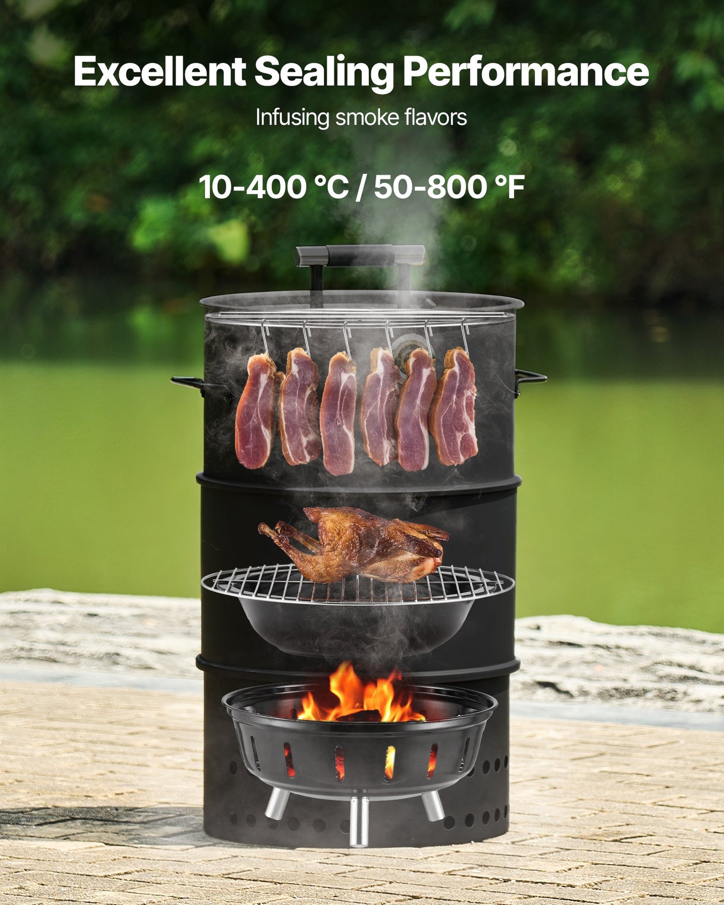 Charcoal Smoker Grill, 18.5" Barrel Charcoal BBQ Smoker, Coated Steel Outdoor Barbecue Grill with 2 Grilling Grates, 1 Hanging Rod, 6 Hooks & Thermometer, Ideal for Party Backyard Patio Cooking