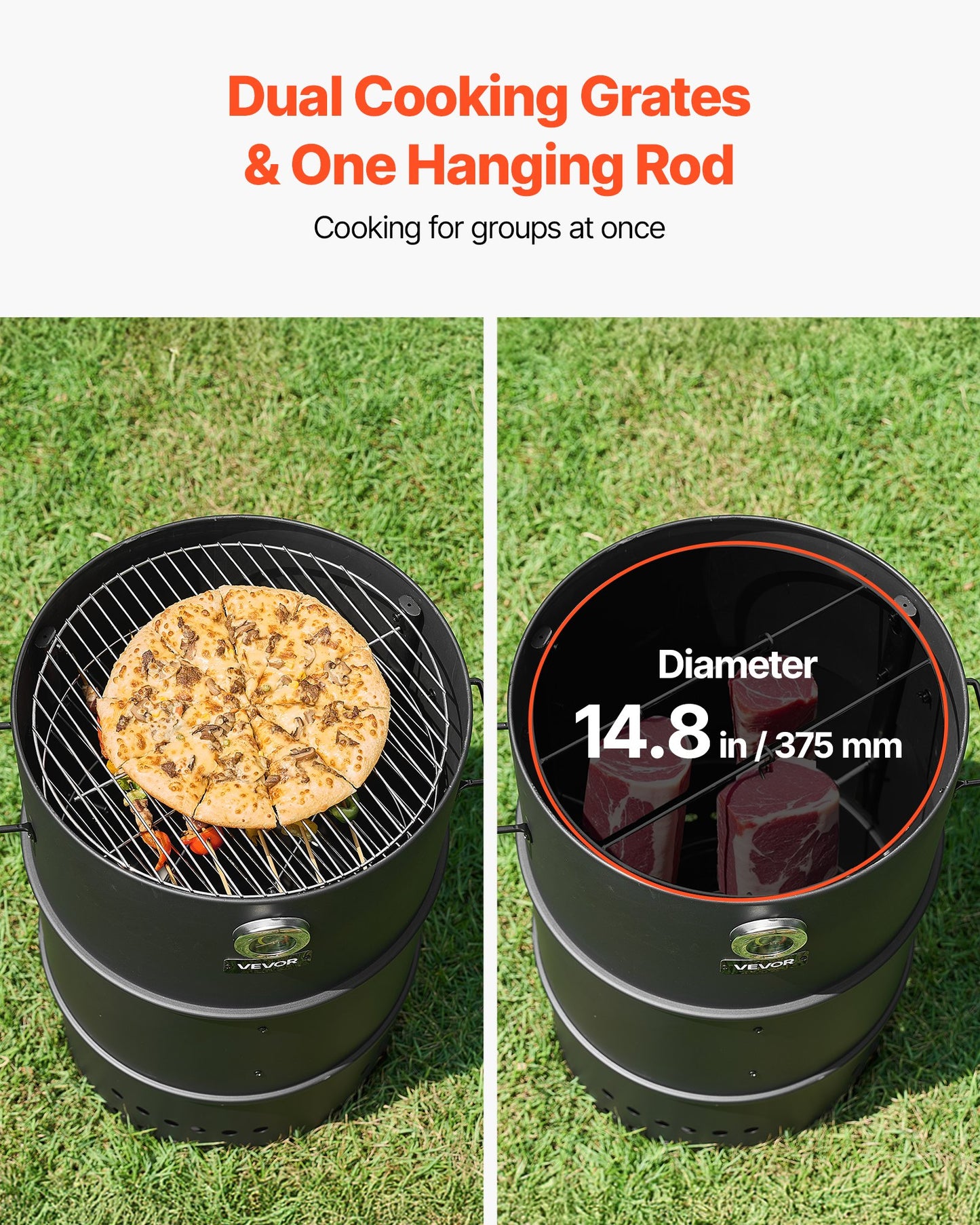 Charcoal Smoker Grill, 18.5" Barrel Charcoal BBQ Smoker, Coated Steel Outdoor Barbecue Grill with 2 Grilling Grates, 1 Hanging Rod, 6 Hooks & Thermometer, Ideal for Party Backyard Patio Cooking
