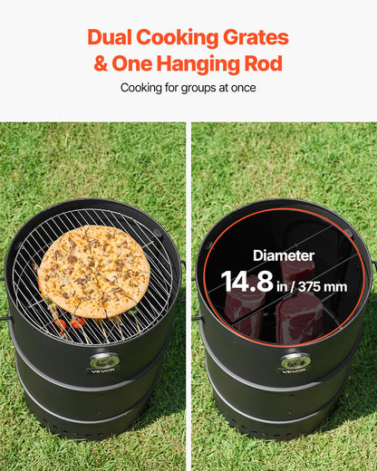 Charcoal Smoker Grill, 18.5" Barrel Charcoal BBQ Smoker, Coated Steel Outdoor Barbecue Grill with 2 Grilling Grates, 1 Hanging Rod, 6 Hooks & Thermometer, Ideal for Party Backyard Patio Cooking