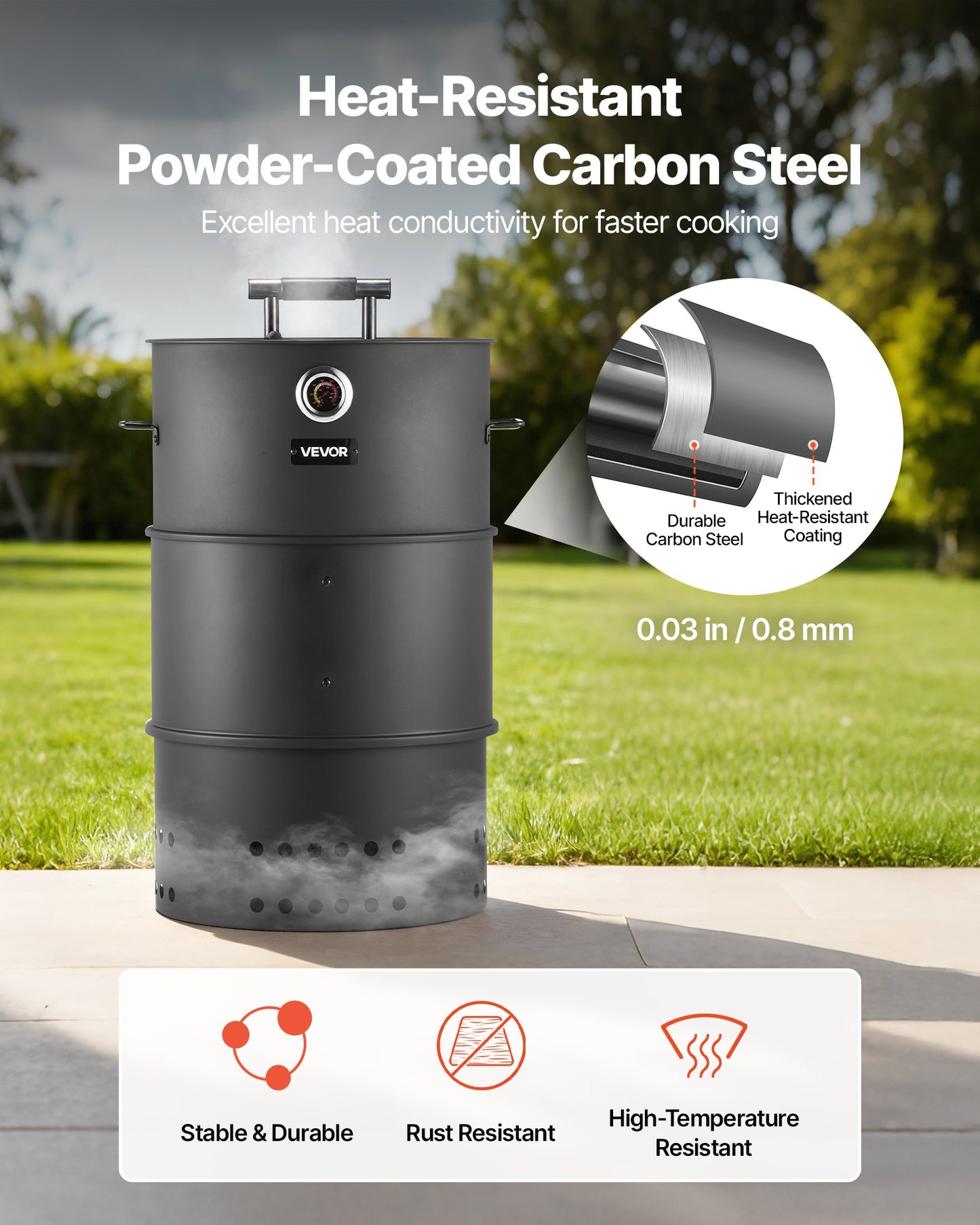 Charcoal Smoker Grill, 18.5" Barrel Charcoal BBQ Smoker, Coated Steel Outdoor Barbecue Grill with 2 Grilling Grates, 1 Hanging Rod, 6 Hooks & Thermometer, Ideal for Party Backyard Patio Cooking