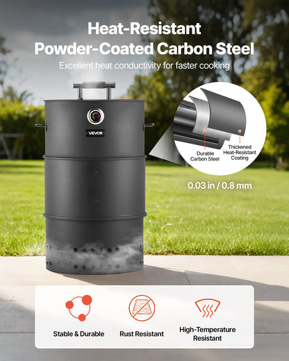 Charcoal Smoker Grill, 18.5" Barrel Charcoal BBQ Smoker, Coated Steel Outdoor Barbecue Grill with 2 Grilling Grates, 1 Hanging Rod, 6 Hooks & Thermometer, Ideal for Party Backyard Patio Cooking
