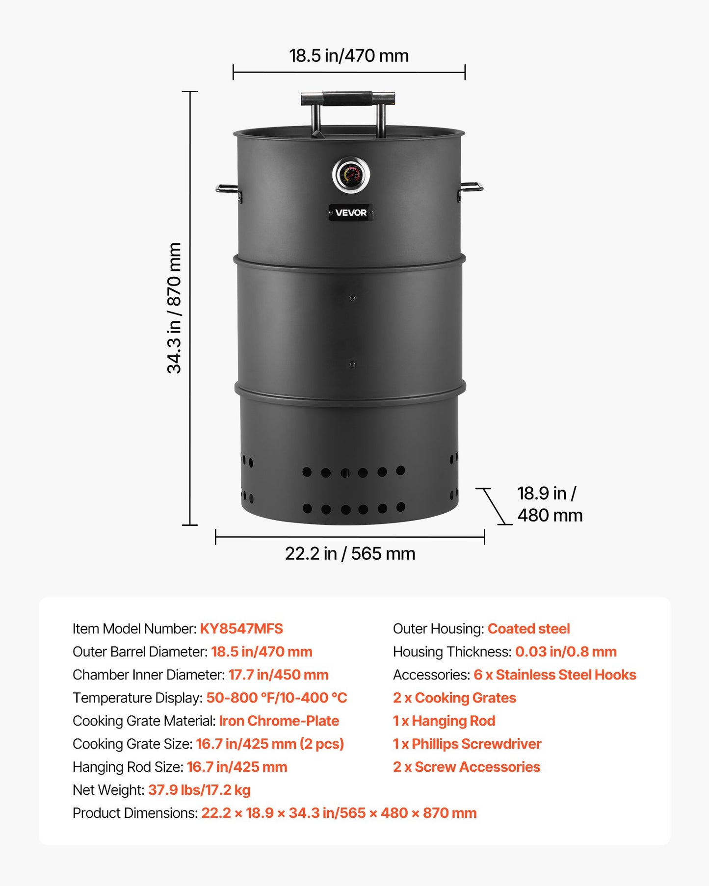 Charcoal Smoker Grill, 18.5" Barrel Charcoal BBQ Smoker, Coated Steel Outdoor Barbecue Grill with 2 Grilling Grates, 1 Hanging Rod, 6 Hooks & Thermometer, Ideal for Party Backyard Patio Cooking
