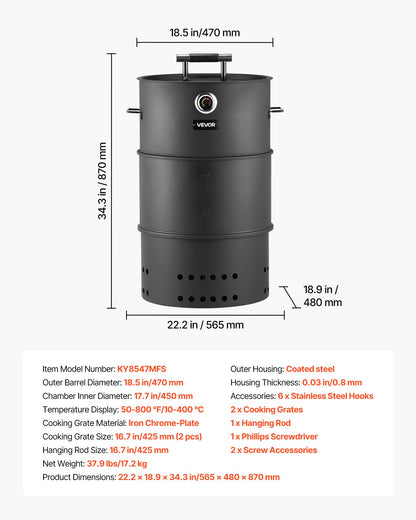 Charcoal Smoker Grill, 18.5" Barrel Charcoal BBQ Smoker, Coated Steel Outdoor Barbecue Grill with 2 Grilling Grates, 1 Hanging Rod, 6 Hooks & Thermometer, Ideal for Party Backyard Patio Cooking