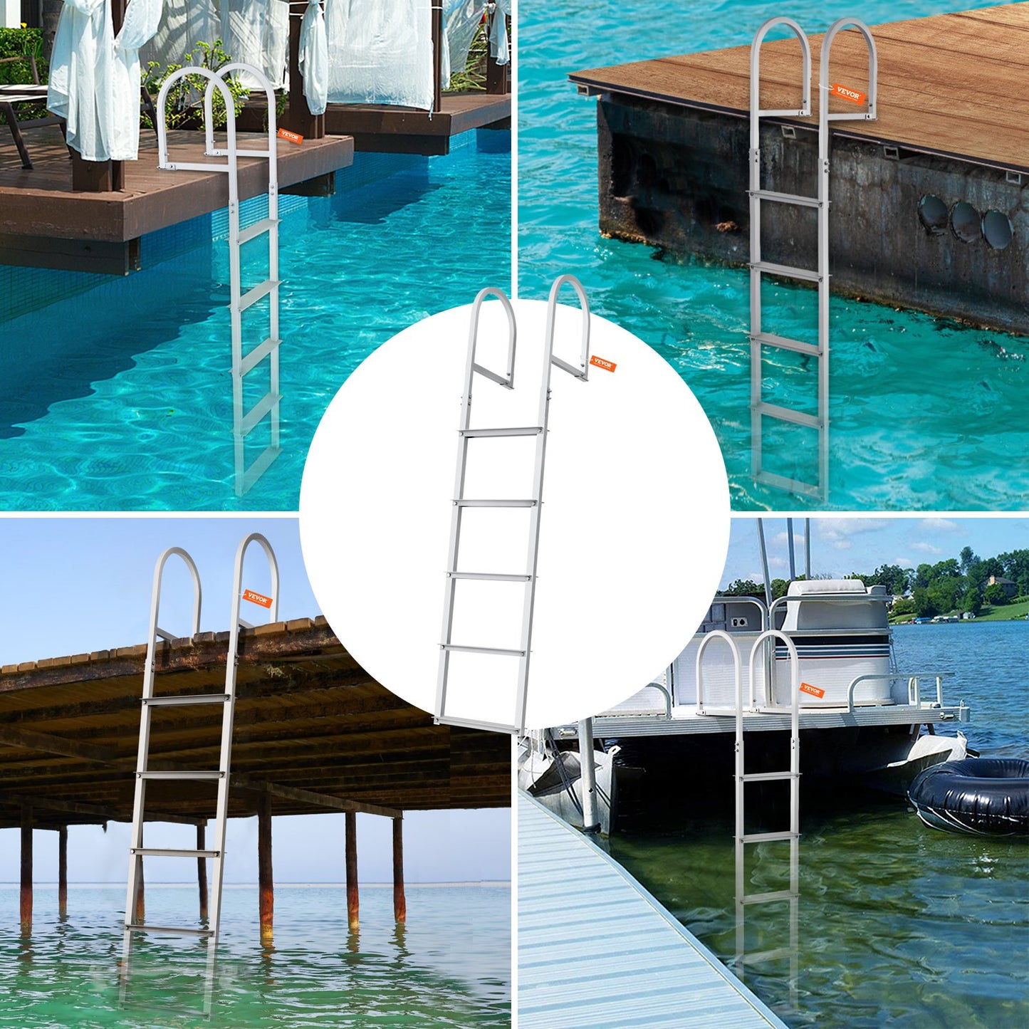 Dock Ladder, Detachable 5 Steps, 500 lbs Load Capacity, Aluminum Alloy Pontoon Boat Ladder with 3.1 Inch Wide Steps &amp; Non-Slip Rubber Mat, Easy to Install for Boat/Lake/Pool/Marine Boarding